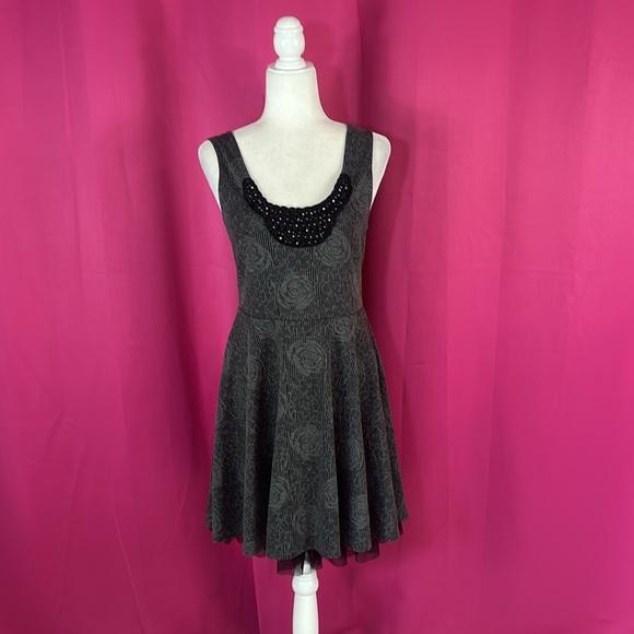 Free People grey roses beaded bust fit and flare skater dress, size med - Picture 1 of 8